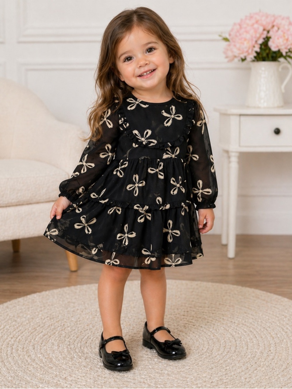 Carter’s Black Bow Print Dress 2T Toddler Girl Ruffle Party Holiday